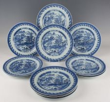 A set of twelve Chinese blue and white export porcelain plates, Qianlong period, each painted with a