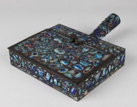 A Chinese enamelled plated-on-copper rectangular box, 20th century, with tapered cylindrical handle,