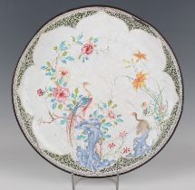 A Chinese Canton export enamel circular saucer dish, mid-18th century, the interior painted with a