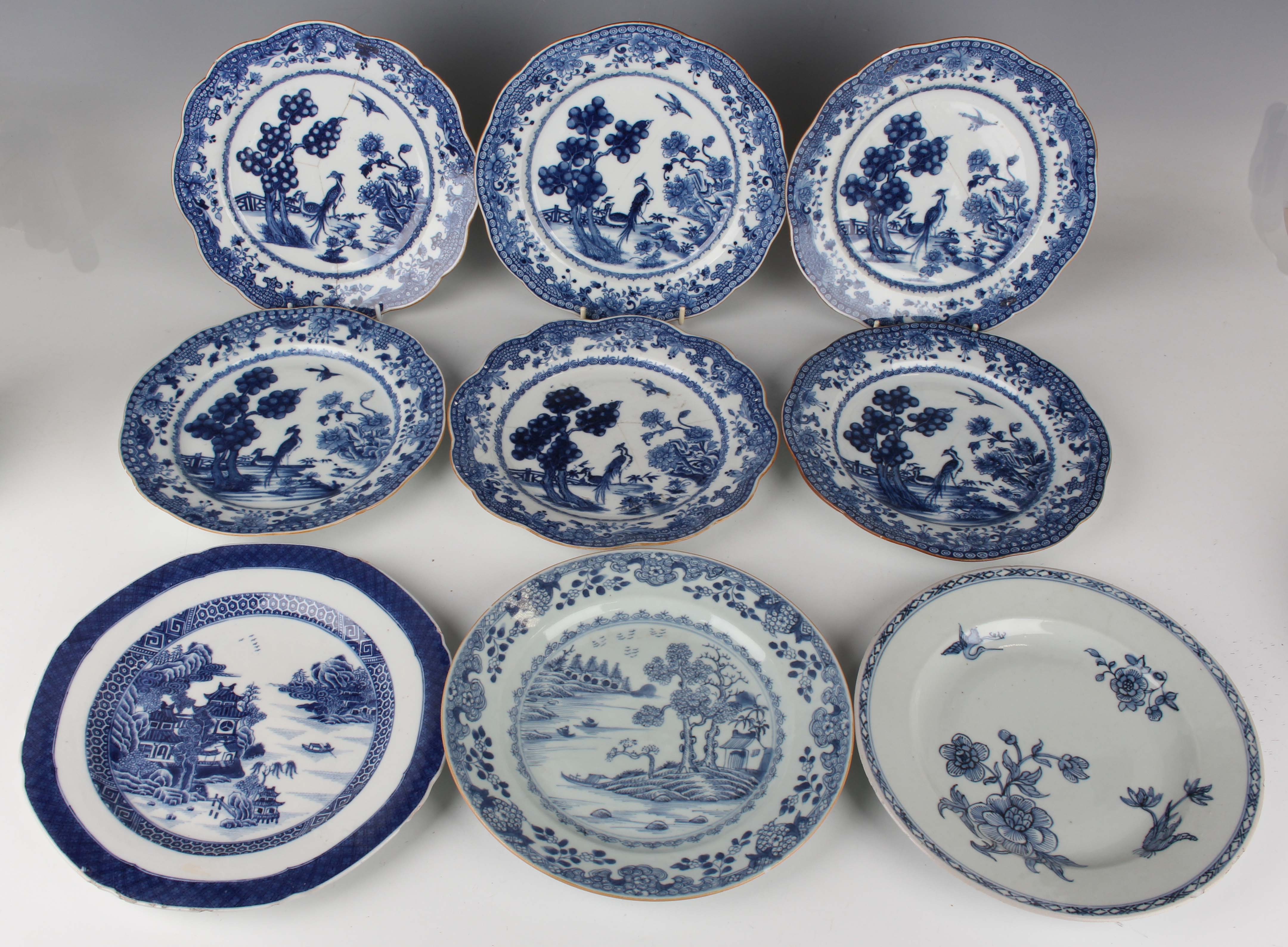 A set of six Chinese blue and white export porcelain plates, late Qianlong period, each painted with