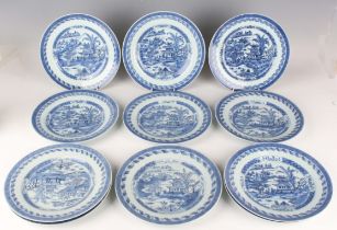 A set of eleven Chinese blue and white export porcelain plates, Qianlong period, each painted with a