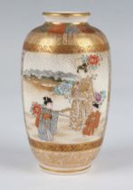 A Japanese Satsuma earthenware vase by Kinkozan, Meiji period, of swollen cylindrical form,