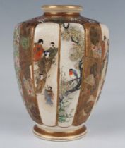 A Japanese Satsuma earthenware vase by Kinkozan, Meiji period, of shouldered hexagonal tapering form