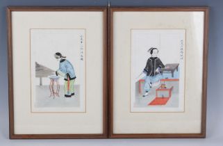 A pair of Chinese watercolour paintings on paper, late Qing dynasty, each depicting a scene of a