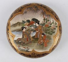 A Japanese Satsuma earthenware circular box and cover by Kinkozan, Meiji period, of compressed