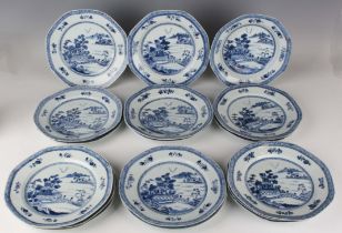 A set of fifteen Chinese blue and white export porcelain octagonal plates, Qianlong period, each