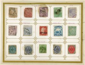 World stamps in an early album containing mostly Victorian stamps (stuck down), including Australia,