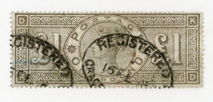 Great Britain 1888 £1 brown lilac stamp WMK orbs oval registered cancel.Buyer’s Premium 29.4% (