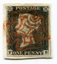 Great Britain 1840 1d black plate 2 stamp on piece with scarce double-lined red Maltese Cross,