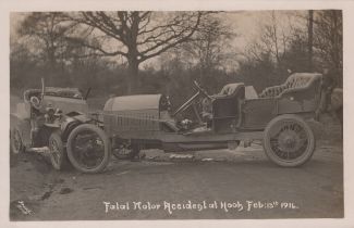 ACCIDENTS. A collection of approximately 57 photographs and 41 postcards of motorcar accidents,