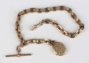 A Victorian gold decorated oval and shaped oval link Albert watch chain, detailed '10ct', fitted