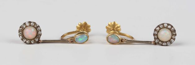 A pair of opal and diamond pendant earrings, each drop with a central opal within a surround of rose