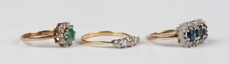 A gold and diamond five stone ring, mounted with a row of circular cut diamonds, unmarked, weight