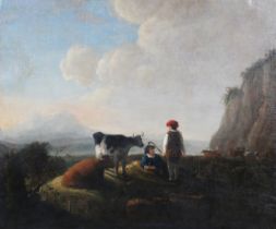 Manner of Aelbert Cuyp - Young Herdsmen with Cows, 18th century oil on canvas, 62.5cm x 75cm, within