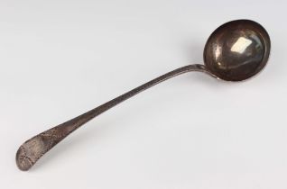 A George III silver Old English pattern soup ladle with bright-cut engraved decoration, Newcastle