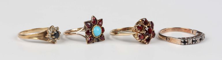 A 9ct gold and garnet seven stone cluster ring, London 1965, ring size approx P1/2, a gold, Bohemian