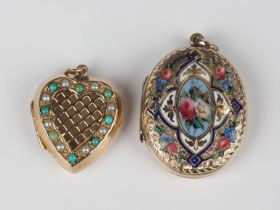 A Victorian gold back and front oval pendant locket, the front with enamelled floral decoration,