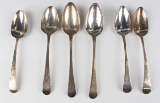 A set of three George III silver Old English pattern tablespoons with bright-cut engraved