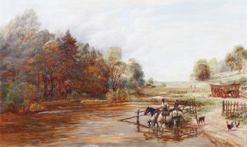 Charles Thomas Burt - Farm Landscape with Horses watering, late 19th/early 20th century oil on