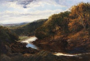 Benjamin Williams Leader - River Valley Landscape, 19th century oil on canvas, signed recto, label