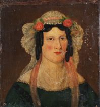 British Primitive and Naïve School - Half Length Portrait of a Lady wearing a White Lace Bonnet with