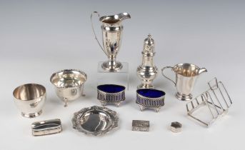 A small group of silver, including a pair of oval salts, Birmingham 1928, length 6.5cm, a baluster