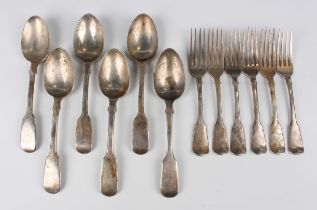 A set of six George III silver Fiddle pattern dessert forks, London 1813 by Solomon Haugham,