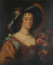 British School - Half Length Portrait of a Lady wearing a Wide Brimmed Hat and holding Flowers, late