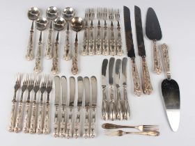 A part canteen of silver handled King's pattern cutlery, comprising six fruit knives and forks,