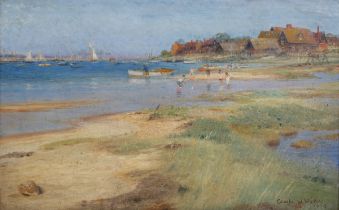 Charles William Wyllie - Figures on the Beach at West Mersea, Essex, oil on canvas laid onto