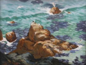 George Fagan Bradshaw - Seabirds on a Rocky Coast, 20th century oil on board, signed, 29.5cm x 39.