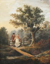 Circle of Francis Wheatley - Lovers at a Gate, 19th century oil on panel, stencil verso, 47.5cm x