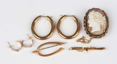 A pair of 9ct gold hoop shaped earrings, length 3.4cm, a pair of three colour gold hoop shaped