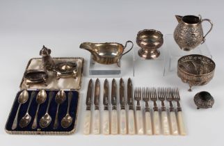 A small group of silver, including a circular salt, London 1755 by David Hennell and bearing Russian
