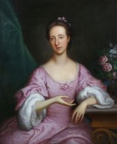 Thomas Bardwell - Three Quarter Length Portrait of a Lady wearing a Pink Dress, her left Elbow