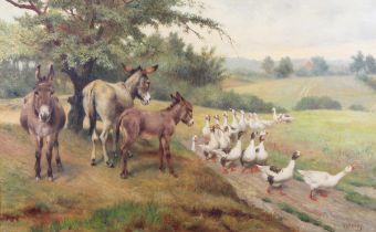 William Weekes - Rustic Landscape with Donkeys and Geese, 19th century oil on canvas, signed