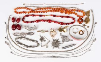 A group of jewellery, including a gold, diamond and red gem set brooch, designed as two hearts