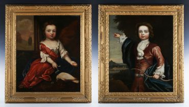 British School - Portrait of a Boy holding a Bow, and Portrait of a Girl feeding a Dove, a pair of