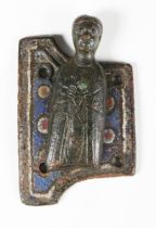 A 13th century Limoges copper alloy and enamelled cross mount with shaped bracket and enamelled