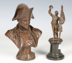 A 19th century bronzed spelter bust of Napoleon Bonaparte, height 20cm, together with a 19th century