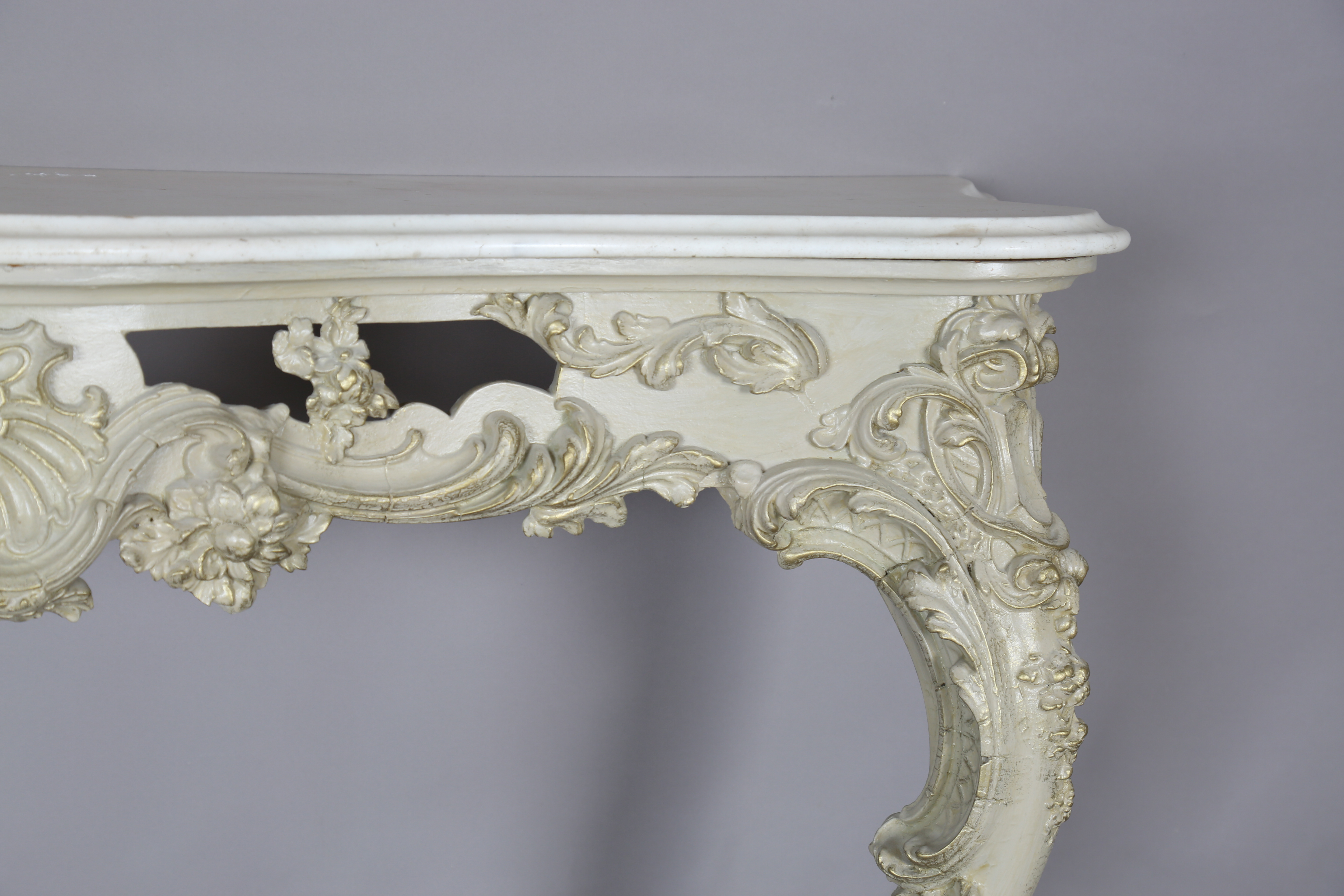 A 19th century Rococo Revival grey painted wood and composition marble-topped console table, the - Image 6 of 15