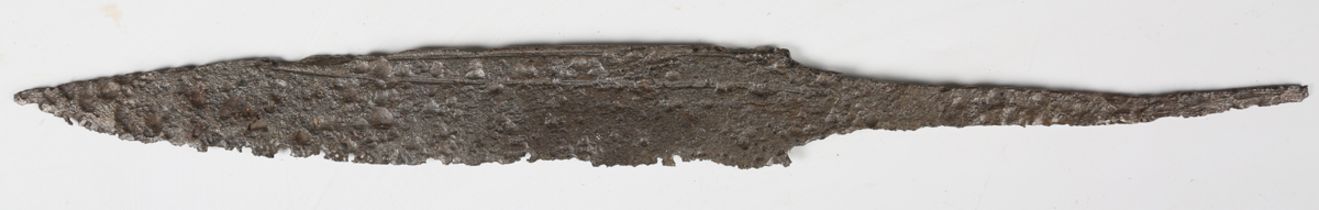 An Anglo-Saxon steel seax blade, length 47cm (heavily pitted), together with a similar smaller