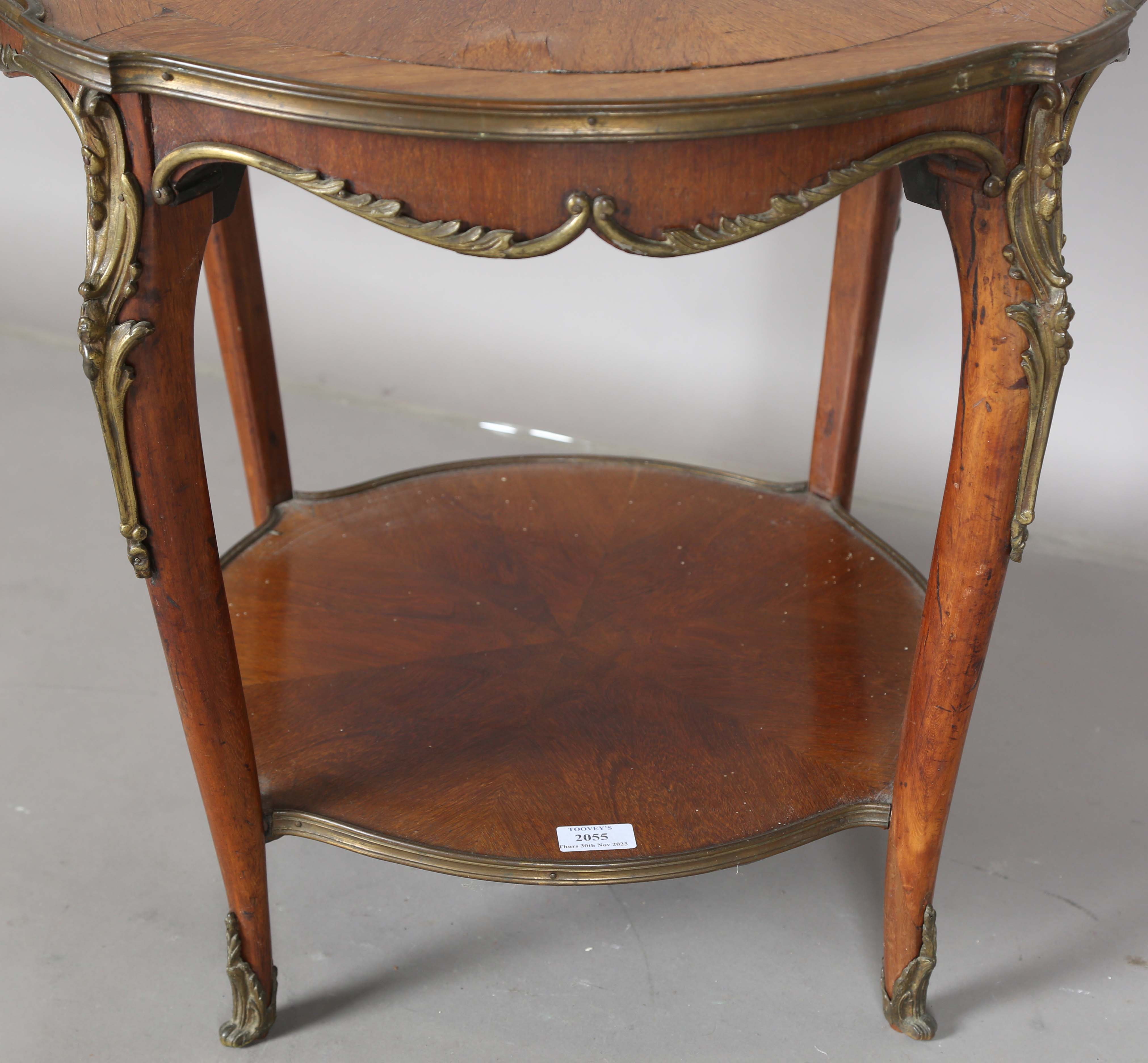 An early 20th century French walnut two-tier occasional table with radial veneers and gilt metal - Image 6 of 11