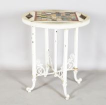 An early 20th century specimen marble games table, the circular white marble top inlaid with a