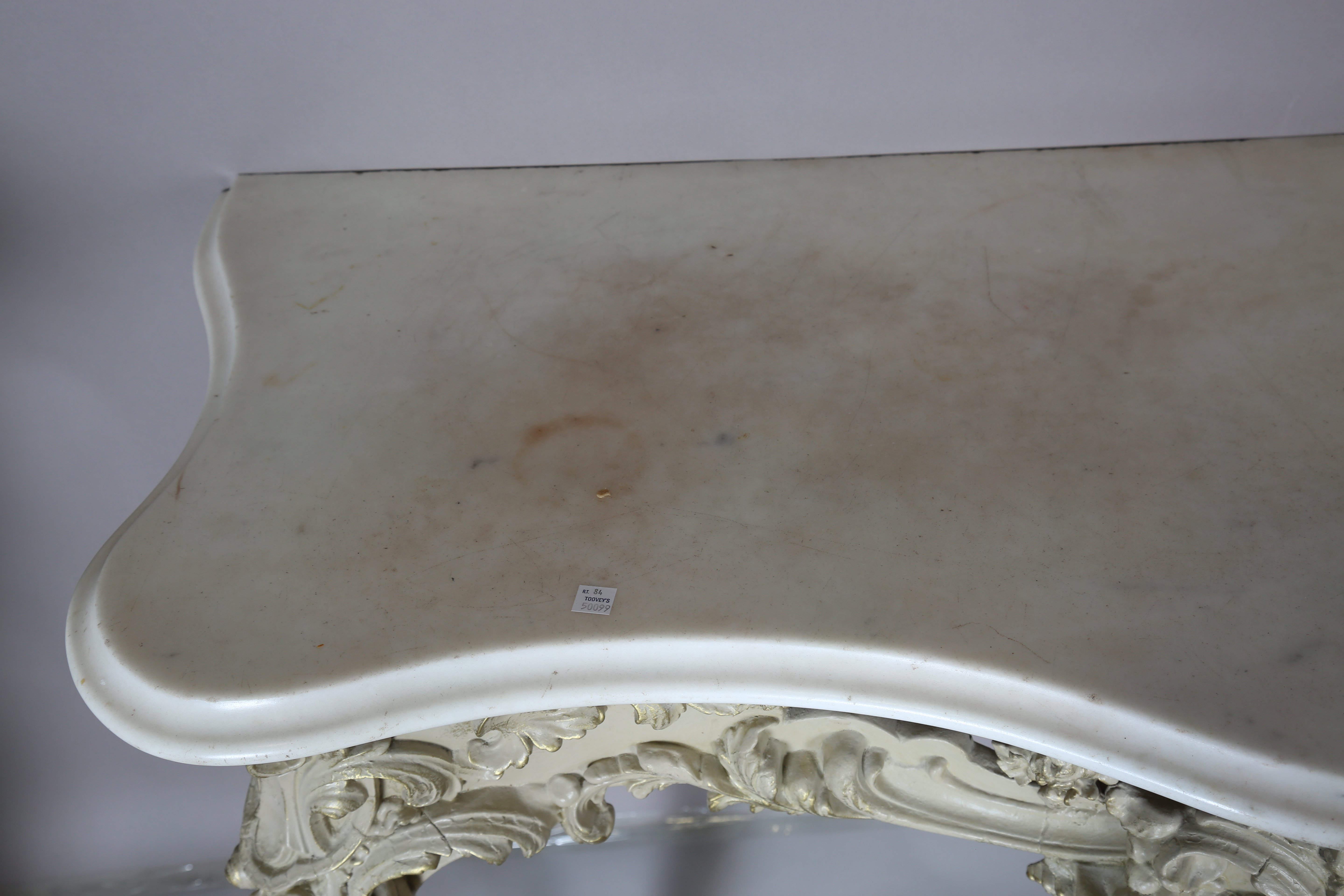A 19th century Rococo Revival grey painted wood and composition marble-topped console table, the - Image 15 of 15