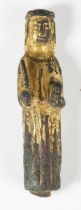 A 13th/14th century copper alloy and gilt decorated mount in the form of a female figure holding a