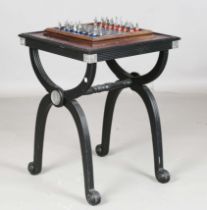 A modern 'Battle of Waterloo' chess set and table by Franklin Mint, height 27cm, width 51cm.Buyer’
