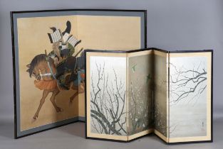 A 20th century Japanese two-fold screen, painted with a samurai warrior and another figure on