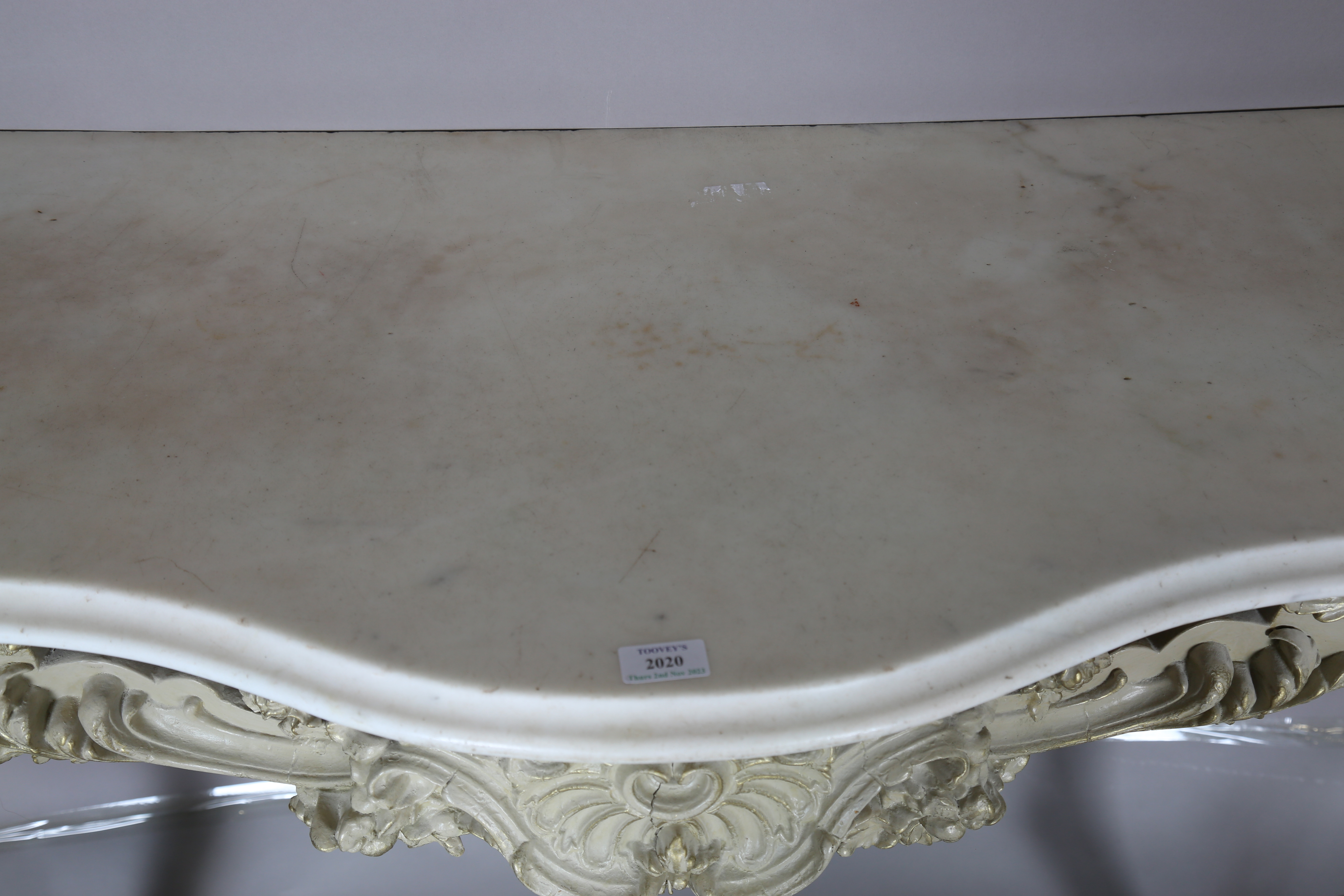 A 19th century Rococo Revival grey painted wood and composition marble-topped console table, the - Image 14 of 15