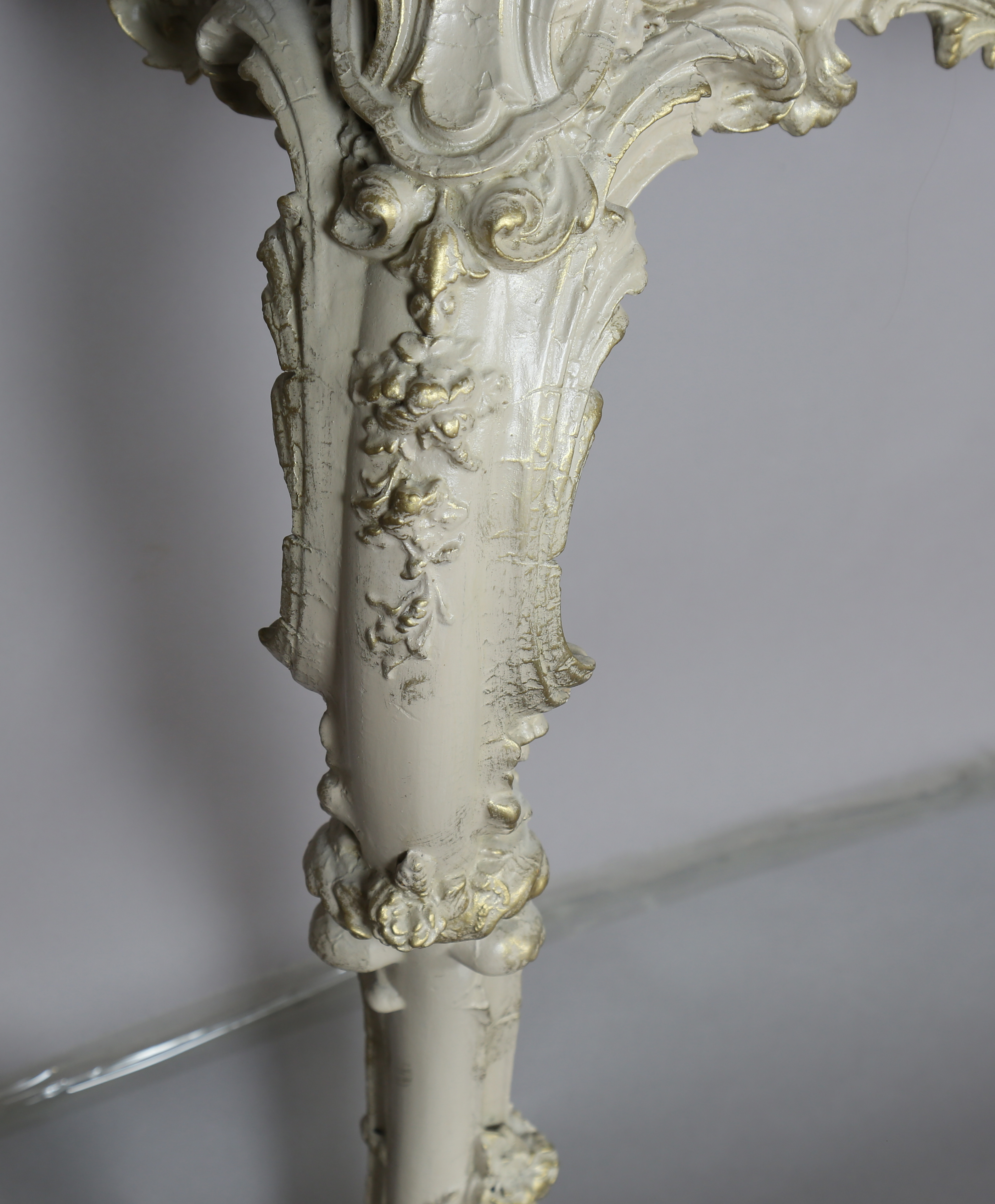 A 19th century Rococo Revival grey painted wood and composition marble-topped console table, the - Image 11 of 15